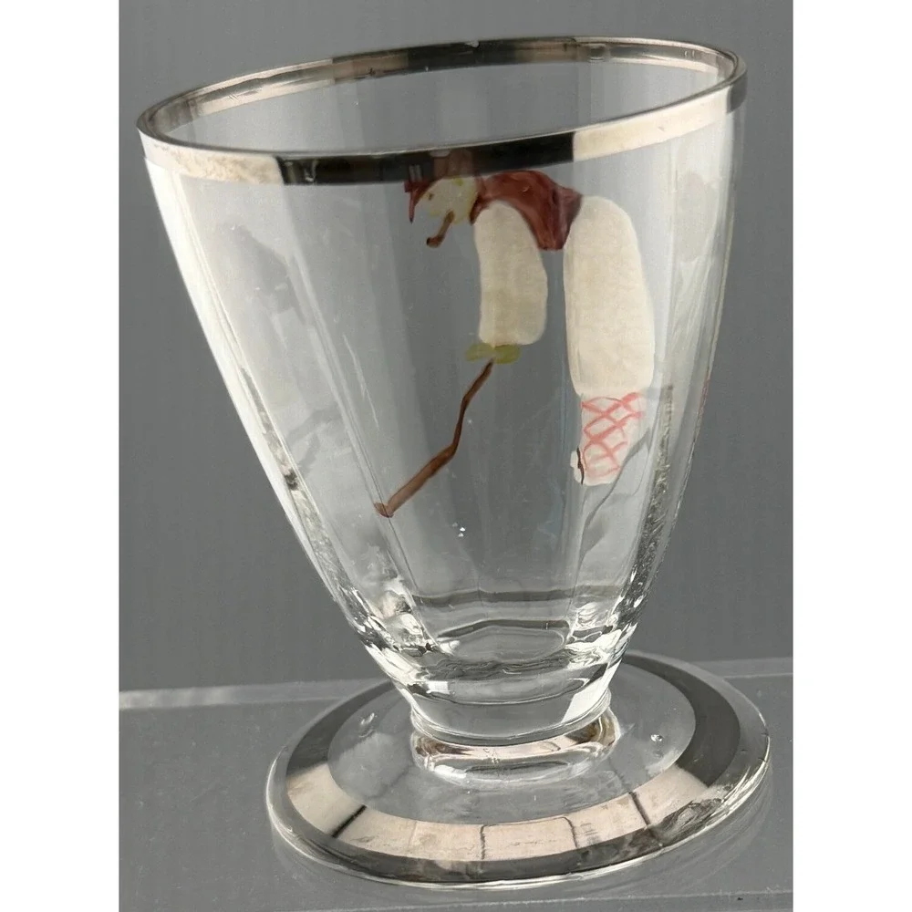 Vintage Hand Painted Golfer Cordial Glasses Pair Silver Rim 2 3/4